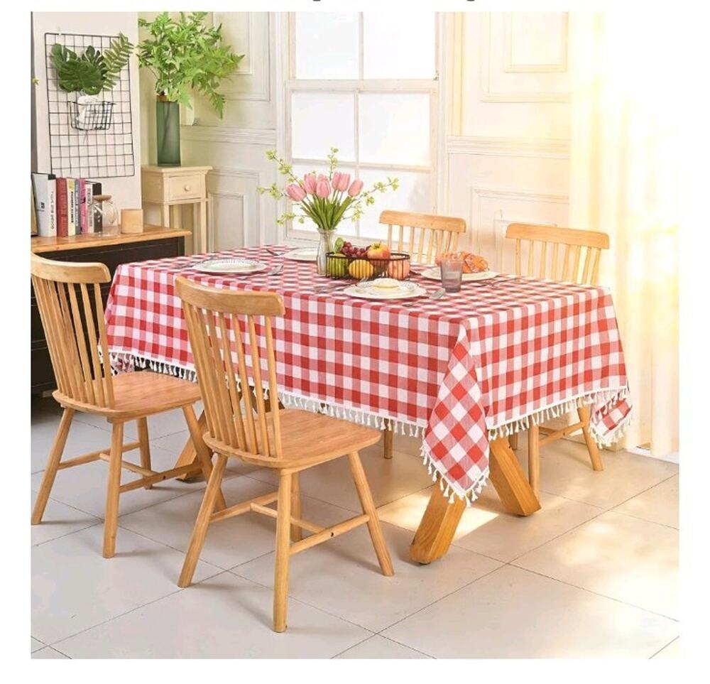 Tassel Checkered 58x102 Inch Long Rectangle Plaid Tablecloth, Waterproof